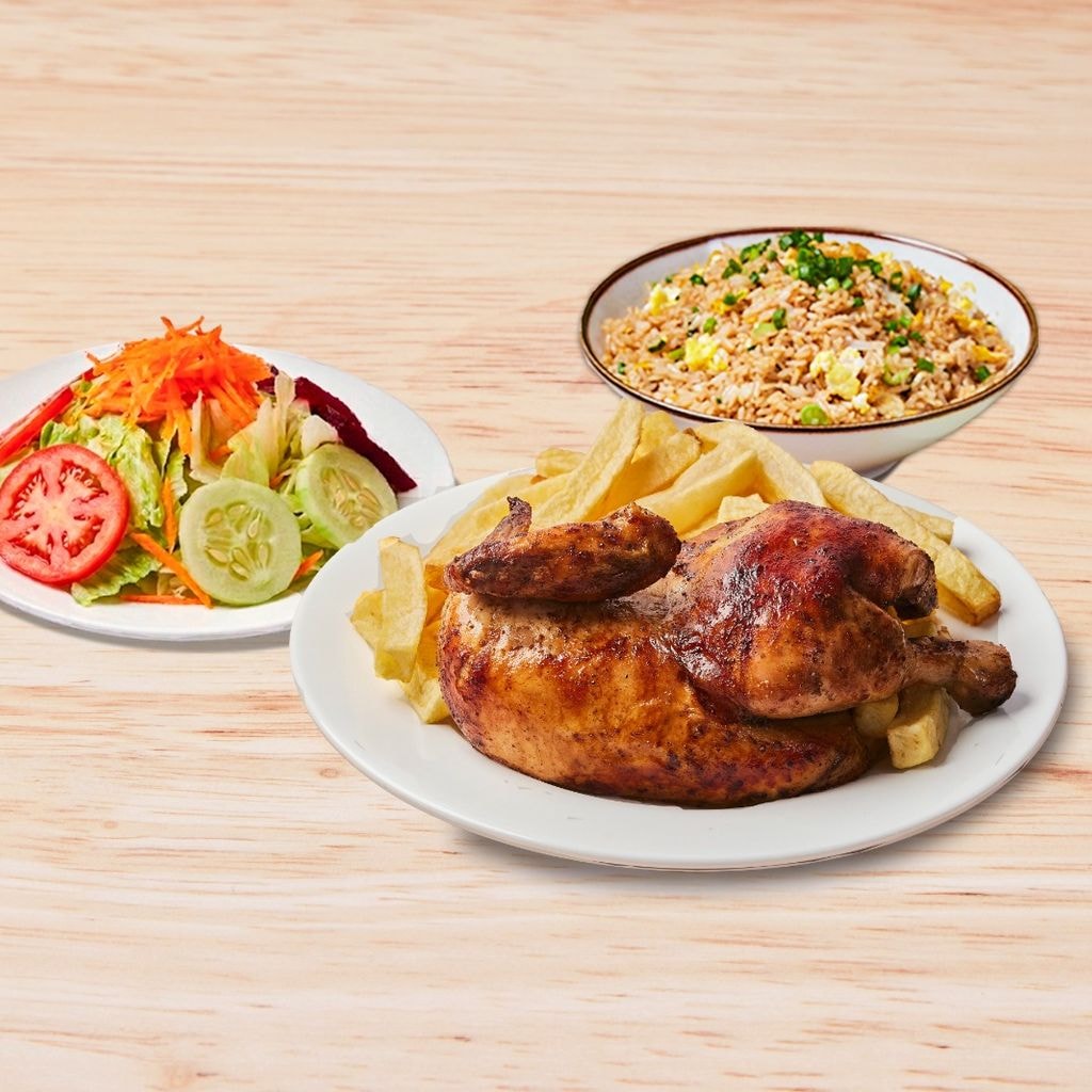 1/2 Pollo + Papas + ensalada + Arroz chaufa 
