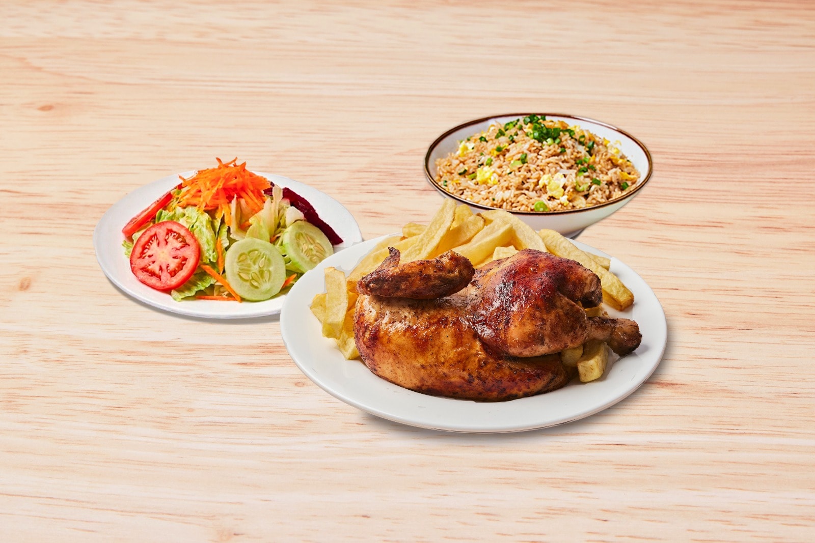 1/2 Pollo + Papas + ensalada + Arroz chaufa 